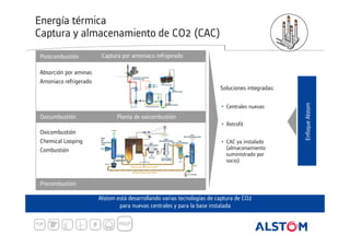 Energía térmica
Captura y almacenamiento de CO2 (CAC)
Postcombustión

Captura por amoniaco refrigerado

Absorción por aminas
Amoniaco refrigerado

• Centrales nuevas

Oxicumbustión

Planta de oxicombustión
• Retrofit

Oxicombustión
Chemical Looping
Combustión

• CAC ya instalado
(almacenamiento
suministrado por
socio)

Precombustión
Alstom está desarrollando varias tecnologías de captura de CO2
para nuevas centrales y para la base instalada

Enfoque Alstom

Soluciones integradas:

 
