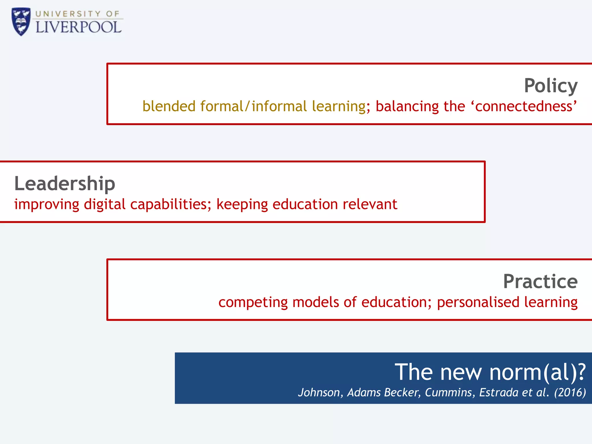 The new norm(al)?
Johnson, Adams Becker, Cummins, Estrada et al. (2016)
Policy
blended formal/informal learning; balancing the ‘connectedness’
Leadership
improving digital capabilities; keeping education relevant
Practice
competing models of education; personalised learning
 