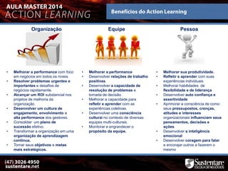 • Melhorar a performance com foco
em negócios em todos os níveis.
• Resolver problemas urgentes e
importantes e desafios de
negócios rapidamente.
• Alcançar um ROI substancial nos
projetos de melhoria da
organização.
• Desenvolver um cultura de
engajamento, envolvimento e
alta performance dos gestores.
• Consolidar um plano de
sucessão efetivo.
• Transformar a organização em uma
organização de aprendizagem
contínua.
• Tornar seus objetivos e metas
mais estratégicos.
• Melhorar a performance
• Desenvolver relações de trabalho
positivas.
• Desenvolver a capacidade de
resolução de problemas e
tomada de decisão.
• Melhorar a capacidade para
refletir e aprender com as
experiências coletivas.
• Desenvolver uma consciência
cultural no contexto de diversas
equipes multi-culturais.
• Monitorar e engrandecer o
propósito da equipe.
• Melhorar sua produtividade.
• Refletir e aprender com suas
experiências individuais
• Melhorar habilidades de
flexibilidade e de liderança
• Desenvolver auto confiança e
assertividade
• Aprimorar a consciência de como
seus pressupostos, crenças,
atitudes e interesses
organizacionais influenciam seus
pensamentos, decisões e
ações.
• Desenvolver a inteligência
emocional
• Desenvolver coragem para falar
e encorajar outros a fazerem o
mesmo
Organização Equipe Pessoa
 
