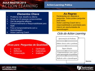  Abertas
 Reflexivas
 Comprovação
 Clarificação
 Explorativas
 Analíticas
Dicas para Perguntas de Qualidade
• Declarações em resposta a
perguntas. Todos podem perguntar
para todos.
• Action Learning Coach tem a
responsabilidade e autoridade para
intervir em oportunidades de
aprendizagem
As Regras
1. Problema real, desafio ou dilema
2. Grupo de 4-8 pessoas comprometidas
3. Uso da pergunta reflexiva
4. Comprometimento e Responsabilidade para
Ação
5. Foco e Comprometimento com a
Aprendizagem
6. Action Learning Coach
Elementos Chave
Apresentação do Problema
Obtém clareza sobre o problema
Sugere Solução
Comprometimento com a Ação
pelo apresentador do problema
Reflexão sobre a Aprendizagem
Reinício
Ciclo do Action Learning
 