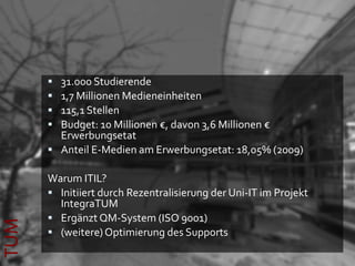 31.000 Studierende
       1,7 Millionen Medieneinheiten
       115,1 Stellen
       Budget: 10 Millionen €, davon 3,6 Millionen €
        Erwerbungsetat
       Anteil E-Medien am Erwerbungsetat: 18,05% (2009)

      Warum ITIL?
       Initiiert durch Rezentralisierung der Uni-IT im Projekt
        IntegraTUM
       Ergänzt QM-System (ISO 9001)
TUM




       (weitere) Optimierung des Supports
 