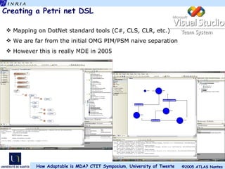 Creating a Petri net DSL Mapping on DotNet standard tools (C#, CLS, CLR, etc.) We are far from the initial OMG PIM/PSM naive separation However this is really MDE in 2005 