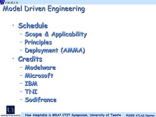 Model Driven Engineering Schedule Scope & Applicability Principles Deployment (AMMA) Credits Modelware Microsoft  IBM  TNI Sodifrance 