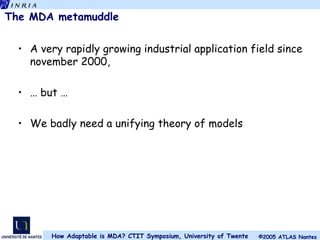 The  MDA  metamuddle A very rapidly growing industrial application field since november 2000, …  but … We badly need a unifying theory of models 