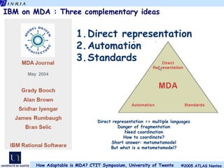 IBM on MDA : Three complementary ideas   Direct representation  Automation  Standards   Direct representation => multiple languages Danger of fragmentation Need coordination How to coordinate? Short answer: metametamodel But what is a metametamodel? 
