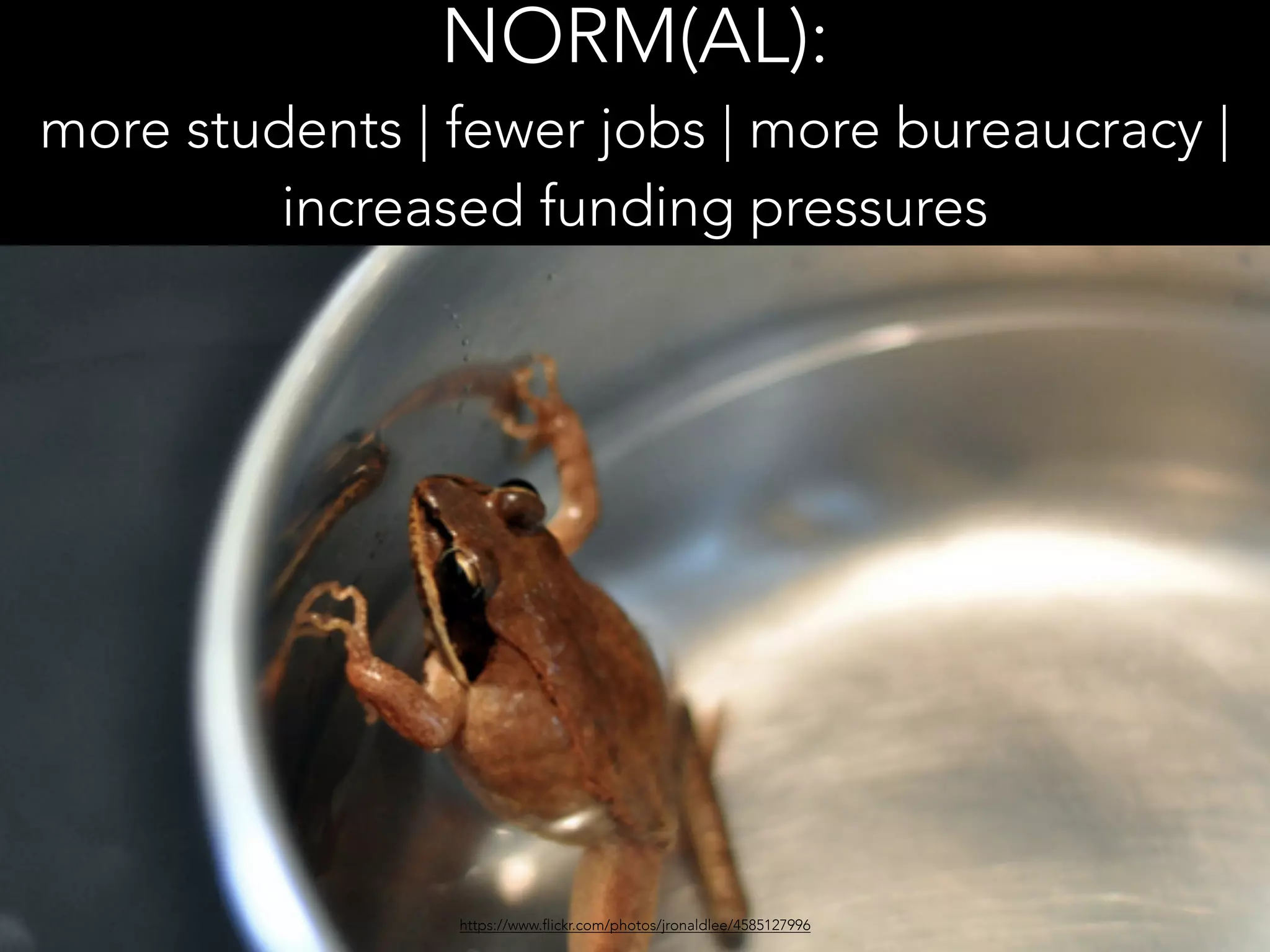https://www.flickr.com/photos/jronaldlee/4585127996
NORM(AL):
more students | fewer jobs | more bureaucracy |
increased funding pressures
 