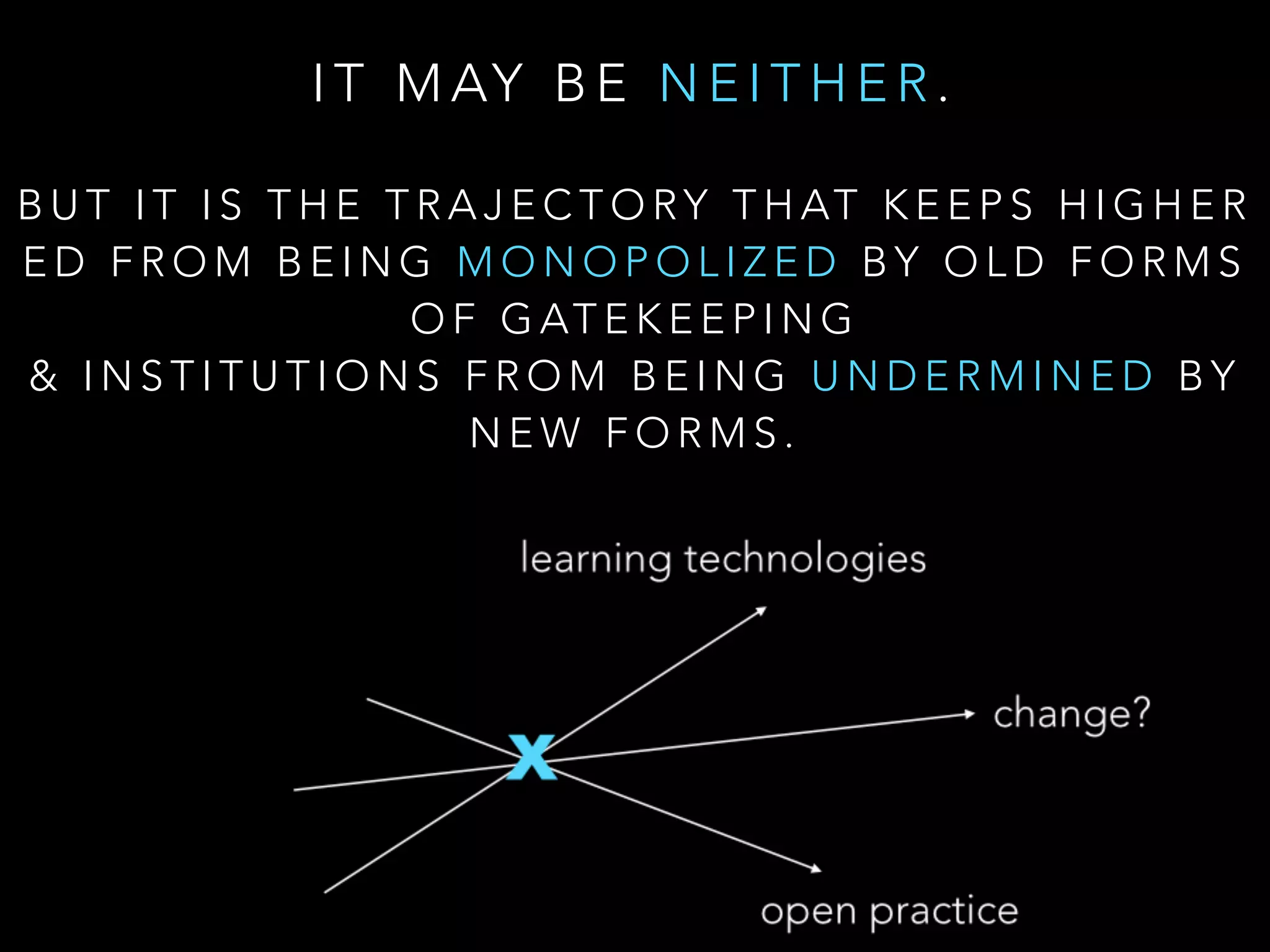 I T M AY B E N E I T H E R .
!
B U T I T I S T H E T R A J E C T O RY T H AT K E E P S H I G H E R
E D F R O M B E I N G M O N O P O L I Z E D B Y O L D F O R M S
O F G AT E K E E P I N G  
& I N S T I T U T I O N S F R O M B E I N G U N D E R M I N E D B Y  
N E W F O R M S .
 