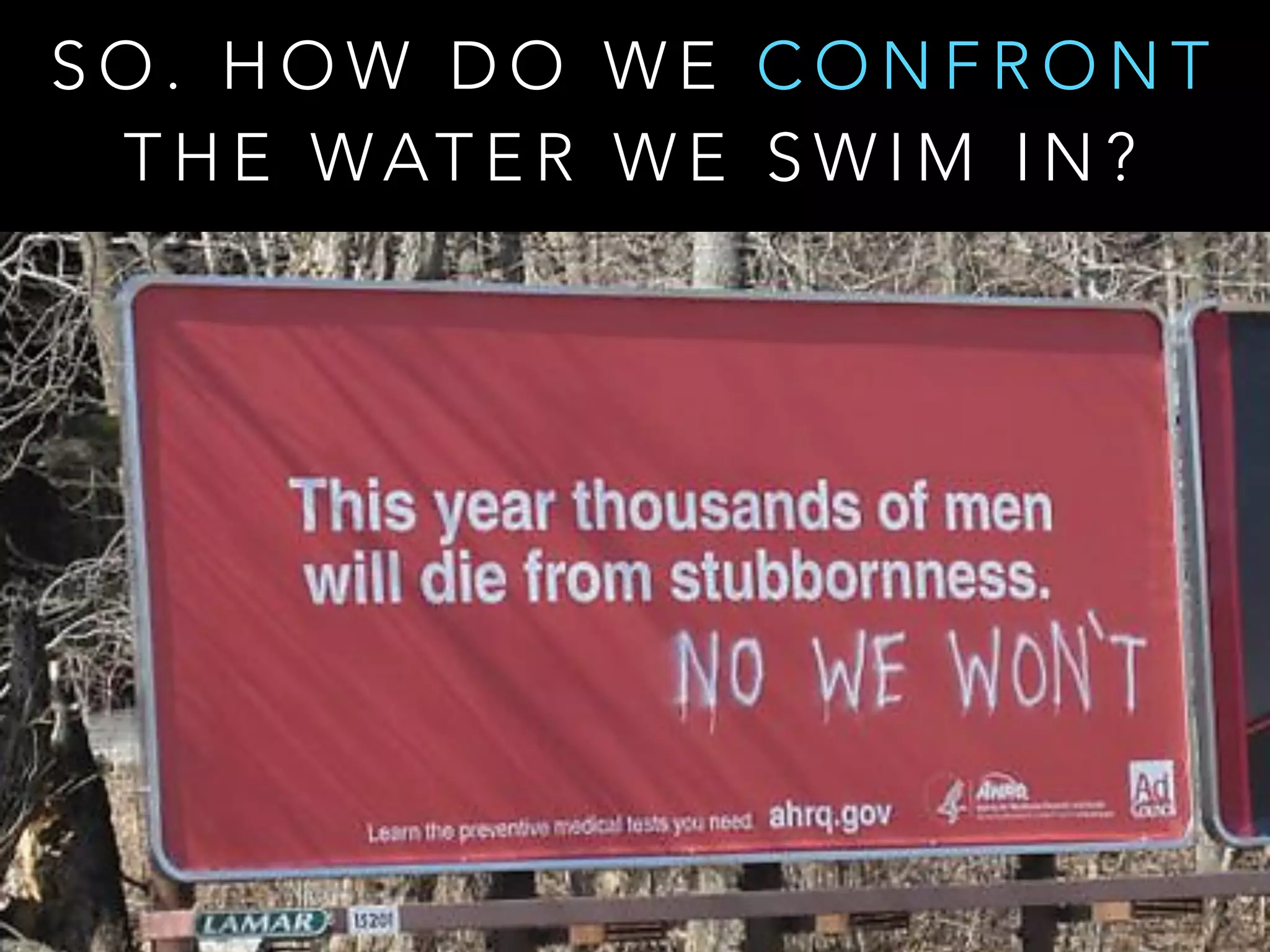 S O . H O W D O W E C O N F R O N T
T H E WAT E R W E S W I M I N ?
 