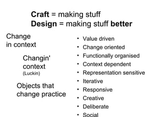 Craft = making stuff
        Design = making stuff better
Change               •   Value driven
in context           •   Change oriented
                     •   Functionally organised
     Changin'        •   Context dependent
     context         •   Representation sensitive
     (Luckin)        •   Iterative
                     •   Responsive
   Objects that      •   Creative
   change practice   •   Deliberate
                     •   Social
 
