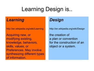 Learning Design is..
Learning                                Design
http://en.wikipedia.org/wiki/Learning   http://en.wikipedia.org/wiki/Design

Acquiring new, or                       the creation of
modifying existing,                     a plan or convention
knowledge, behaviors,                   for the construction of an
skills, values, or                      object or a system.
Preferences. May involve
synthesizing different types
of information.
 