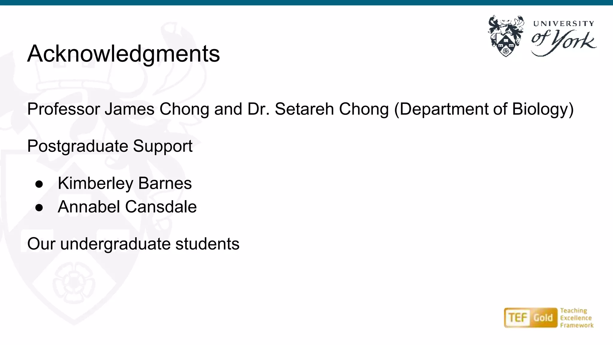 Professor James Chong and Dr. Setareh Chong (Department of Biology)
Postgraduate Support
● Kimberley Barnes
● Annabel Cansdale
Our undergraduate students
Acknowledgments
 