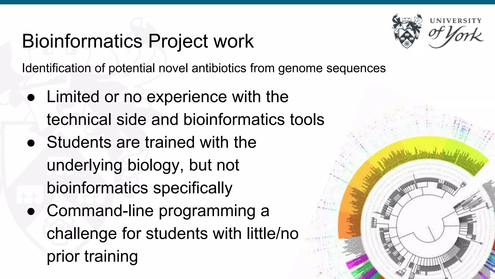 Bioinformatics Project work
● Limited or no experience with the
technical side and bioinformatics tools
● Students are trained with the
underlying biology, but not
bioinformatics specifically
● Command-line programming a
challenge for students with little/no
prior training
Identification of potential novel antibiotics from genome sequences
 
