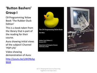 ‘Button Bashers’
Group I
C# Programming Yelow
Book ‘The Rubber Duck
Edition’
This is a book taken from
the library that is...