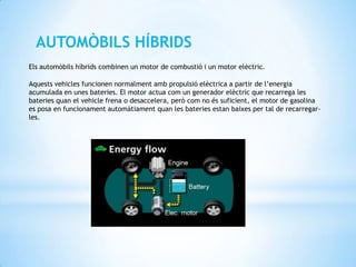 AUTOMÒBILS HÍBRIDS
Els automòbils híbrids combinen un motor de combustió i un motor elèctric.

Aquests vehicles funcionen normalment amb propulsió elèctrica a partir de l’energia
acumulada en unes bateries. El motor actua com un generador elèctric que recarrega les
bateries quan el vehicle frena o desaccelera, però com no és suficient, el motor de gasolina
es posa en funcionament automàtiament quan les bateries estan baixes per tal de recarregar-
les.
 