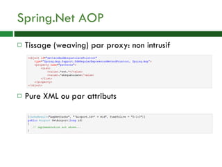 Spring.Net AOP Tissage (weaving) par proxy: non intrusif Pure XML ou par attributs 