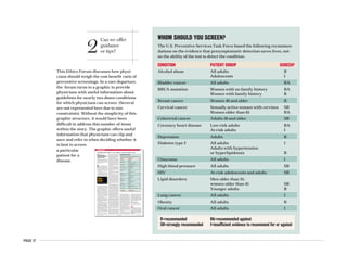 PAGE 17
2
Can we offer
guidance
or tips?
This Ethics Forum discusses how physi-
cians should weigh the cost-benefit ratio of
preventive screenings. In a rare departure,
the forum turns to a graphic to provide
physicians with useful information about
guidelines for nearly two dozen conditions
for which physicians can screen. (Several
are not represented here due to size
constraints). Without the simplicity of this
graphic structure, it would have been
difficult to address this number of items
within the story. The graphic offers useful
information that physicians can clip and
save and refer to when deciding whether it
is best to screen
a particular
patient for a
disease.
Scenario
Which tests do you
recommend, and what if
a patient declines?
The public is constantly being urged to
undergo screening. Ads in buses and
subways hype oral cancer screening;
radio and TV commercials tout full-
body CT screens. What is a physician’s
best course of action?
Reply
E
V E R Y D A Y , P H Y S I C I A N S S E E A
significant proportion of patients
for screening-related visits. Com-
mon reasons for the visits include dis-
cussing recommended screening
tests, answering questions for pa-
tients at risk, and evaluating patients
who have had a screening test with
abnormal results.
The number of cases seen is due, in
part, to the recommendations for
screening publicized by many advoca-
cy organizations such as the Ameri-
can Cancer Society and, in part, by
the willingness of physicians to follow
these recommendations. For example,
many women’s health and cancer-re-
lated organizations recommend
breast exams beginning at age 20 and
mammograms beginning at age 40.
Many groups recommend prostate-
specific antigen measurement and
digital rectal examination for African-
American men, for any men age 40
and older who have a strong family
history of prostate disease and for all
men older than 50. Among the many
other diseases for which screening is
recommended are hypercholes-
terolemia, hypertension, colorectal
cancer, cervical cancer, testicular
cancer and osteoporosis.
Though screening guidelines are
undoubtedly always made by careful
consideration of several experts and
with the intention to help patients, the
evidence supporting screening tests is
not always strong.
The U.S. Preventive Services Task
Force routinely reviews the evidence
that screening tests actually reduce
morbidity and mortality and has com-
piled a list of those for which good evi-
dence exists for recommending test-
ing. Many more screening tests are
available for which the USPSTF has
found insufficient evidence to support
recommendation. Of course, anecdo-
tally, all physicians have seen pa-
tients who were helped by screening,
but most of us also have had patients
who sustained unnecessary harm as a
result.
Before offering screening to any
patient, a physician should determine
whether the test meets certain crite-
ria. Namely, the cost-benefit ratio
should be favorable, the test should be
easy to perform with minimal risks to
patients, and it should have relatively
high sensitivity and specificity.
Surpassing even these criteria is
the requirement that the disease be-
ing screened for is more easily treated
when detected in its early stages than
after symptoms appear. And the dis-
ease must be common. A physician
should consider the population in
which the disease is most prevalent
and decide whether the frequency of
the disease in the public warrants
broad screening.
In addition to test-related criteria,
the physician must consider the pa-
tient’s personal and family history to
determine the conditions for which
the patient is most at risk and, hence,
which screening exams he or she
should undergo.
Whether a patient ultimately
agrees to undergo screening, working
through the informed consent process
is essential.
A patient should know what the
test is for and the implications of posi-
tive and negative results. Before
agreeing to undergo a PSA test, for ex-
ample, a patient should understand
that an elevated PSA level does not
mean he has cancer but indicates that
he should have a prostate biopsy. Pa-
tient education will make future visits
easier for both parties and will pre-
vent difficult situations in which a pa-
tient has a suspicious result but is un-
willing to pursue a more invasive
work-up.
Genetic screening presents an even
greater challenge for informed con-
sent. Recently, a male patient came to
the urology office after having under-
gone BRCA mutation testing because
of a family history of breast and ovari-
an cancer. The test returned a posi-
tive result, and the patient received a
form letter about his risk of prostate
cancer. Unfortunately, the informa-
tion from the test — and the letter —
was far too ambiguous to be of use,
and the patient is now left with no def-
inite answers and an emotional need
for a lifetime of exams to rule out the
possible diseases that, for him, may be
associated with a BRCA mutation.
Likewise, diseases for which there
are screening tests but no true treat-
ment may or may not benefit patients.
Huntington’s disease is a prime exam-
ple. While testing for Huntington’s
may not allow us to help the patient
medically, it may allow him or her to
prepare better for future life circum-
stances. On the other hand, positive
test results could adversely affect the
patient emotionally, psychologically
or even economically by making it
more difficult to obtain health and life
insurance. Concerns such as these
can be properly considered only by
patients who are adequately informed
before their consent for testing is
sought.
If a physician believes screening is
justified, but the patient is reluctant
to proceed, the physician has a duty to
explore the reasons for the patient’s
unwillingness. Is he or she frightened
because of an experience a friend or
family member had? Is there a techni-
cal misunderstanding that could be
clarified with a bit of education?
After a physician has ensured that
a patient’s decision to decline screen-
ing is satisfactorily informed, the
physician should offer alternatives.
For example, a patient may refuse a
mammogram, but be willing to under-
go a partial evaluation by way of a
breast examination. Can fecal occult
blood testing with or without sigmoi-
doscopy be substituted for colono-
scopy? Can certain preventive mea-
sures be recommended, for example,
taking calcium to avoid osteoporosis,
even in the absence of the screen, in
this case a bone density scan?
If the patient continues to decline
the screening despite understanding
the rationale for the physician’s rec-
ommendation, the physician should
respect the decision, and carefully
document the discussion and the pa-
tient’s refusal.
Screening presents physicians
with unique opportunities for preven-
tive care and early intervention. But,
at the same time, it requires serious
thought and consideration. Physi-
cians must be able to consider and dis-
cuss the potential consequences of
screening for the patient. Above all,
the physician’s goal should be to in-
form the patient, respect his or her au-
tonomy, and maintain a relationship
in which the patient will return and
will feel comfortable discussing new
symptoms and concerns. u
Adrienne J. K. Carmack, MD
F O U R T H - Y E A R U R O L O G Y R E S I D E N T ,
U N I V E R S I T Y O F M I A M I L E O N A R D M . M I L L E R
S C H O O L O F M E D I C I N E ; S C R E E N I N G T H E M E
I S S U E E D I T O R F O R V I R T U A L M E N T O R ,
J A N U A R Y
Ethics Forum answers questions on the
ethics of medical practice. Readers are
encouraged to submit questions and
comments to the Ethics Group, AMA,
515 N. State St., Chicago, IL 60610; fax
312-464-4613. Opinions expressed in
Ethics Forum reflect the views of the au-
thors and do not constitute official poli-
cy of the AMA.
A M E R I C A N M E D I C A L N E W S A M E D N E W S . C O M F E B R U A R Y 6 , 2 0 0 6
19Professional Issues
Ethics
Forum
From the Ethics Standards Group
Weigh preventive screenings’ cost-benefit ratio
WHOM SHOULD YOU SCREEN?
The U.S. Preventive Services Task Force based the following recommen-
dations on the evidence that presymptomatic detection saves lives, not
on the ability of the test to detect the condition.
CONDITION PATIENT GROUP SCREEN?
Alcohol abuse All adults R
Adolescents I
Bladder cancer All adults RA
BRCA mutation Women with no family history RA
Women with family history R
Breast cancer Women 40 and older R
Cervical cancer Sexually active women with cervixes SR
Women older than 65 RA
Colorectal cancer Adults 50 and older SR
Coronary heart disease Low-risk adults RA
At-risk adults I
Depression Adults R
Diabetes type 2 All adults I
Adults with hypertension
or hyperlipidemia R
Glaucoma All adults I
High blood pressure All adults SR
HIV At-risk adolescents and adults SR
Lipid disorders Men older than 35;
women older than 45 SR
Younger adults R
Lung cancer All adults I
Obesity All adults R
Oral cancer All adults I
Osteoporosis Women 65 and older R
Women 60 and older with
increased risk R
Ovarian cancer All women RA
Prostate cancer All men I
TB High-risk individuals R
Testicular cancer Asymptomatic adolescent and
adult men RA
Thyroid cancer Asymptomatic children and adults RA
R=recommended
SR=strongly recommended
RA=recommended against
I=insufficient evidence to recommend for or against
WHOM SHOULD YOU SCREEN?
The U.S. Preventive Services Task Force based the following recommen-
dations on the evidence that presymptomatic detection saves lives, not
on the ability of the test to detect the condition.
CONDITION PATIENT GROUP SCREEN?
Alcohol abuse All adults R
Adolescents I
Bladder cancer All adults RA
BRCA mutation Women with no family history RA
Women with family history R
Breast cancer Women 40 and older R
Cervical cancer Sexually active women with cervixes SR
Women older than 65 RA
Colorectal cancer Adults 50 and older SR
Coronary heart disease Low-risk adults RA
At-risk adults I
Depression Adults R
Diabetes type 2 All adults I
Adults with hypertension
or hyperlipidemia R
Glaucoma All adults I
High blood pressure All adults SR
HIV At-risk adolescents and adults SR
Lipid disorders Men older than 35;
women older than 45 SR
Younger adults R
Lung cancer All adults I
Obesity All adults R
Oral cancer All adults I
R=recommended
SR=strongly recommended
RA=recommended against
I=insufficient evidence to recommend for or against
 