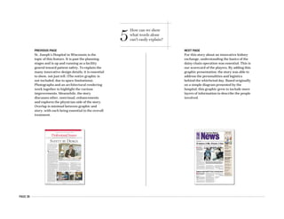 PAGE 36
NEXT PAGE
For this story about an innovative kidney
exchange, understanding the basics of the
daisy-chain operation was essential. This is
our scorecard of the players. By adding this
graphic presentation, the story was able to
address the personalities and logistics
behind the whirlwind day. Based originally
on a simple diagram presented by the
hospital, this graphic grew to include more
layers of information to describe the people
involved.
n Safe harbors for technology
donations to physicians are
likely off the table as Democrats
shift focus to IT grant money.
DAVID GLENDINNING
AMNEWS STAFF
Washington Capitol Hill’s leading health
information technology legislation for
2006 died a slow death, but lawmakers
are hoping for a reincarnation of sorts
in 2007.
Congress was unable to come to an
agreement on the health IT issue be-
fore adjourning in December, despite
spending about five months trying to
bridge the gap between two signifi-
cantly different Senate and House
bills. The Wired for Health Care Qual-
ity Act passed the Senate in Novem-
ber 2005, and the Health Information
Technology Promotion Act of 2006
passed the House last July.
In the end, disagreements were too
pronounced between House and Sen-
ate leaders over setting safe harbors
for health IT donations to doctors, pro-
viding grants to technology adopters,
and updating diagnostic code sets
used by hospitals and physicians. This
year, lawmakers will go back to the
drawing board and craft new legisla-
tion rather than reintroduce the same
bills that ground to a halt in negotia-
tions between the houses, congres-
sional aides and lobbyists said.
The new Democratic majority in
n Johns Hopkins
surgeons completed
the nation’s first five-way
kidney swap. Here’s how
they linked living donors
with unrelated recipients.
DAMON ADAMS
AMNEWS STAFF
Hours after making history at
Johns Hopkins Hospital, sur-
geon Robert Montgomery,
MD, PhD, retreated to the soli-
tude of his office. He sat most-
ly in darkness at 10 p.m. and
stared at a poster diagram of
the organ donors and recipi-
ents operated on that day.
There was no champagne
celebration. Just quiet reflec-
tion, and the realization that
he and his colleagues had ac-
complished the first five-way
kidney transplant.
“The day had been kind of surreal.
Then later I thought, ‘Wow, look what
we did,’ ” said Dr. Montgomery, who
headed the transplant team. “It was
one of those great moments in one’s
life, and I just felt so privileged to be
part of it.”
In one day, Dr. Montgomery and
his fellow transplant surgeons simul-
taneously removed five kidneys from
living donors, then placed the organs
in five recipients. Start to finish, the
quintuple transplant took 10 hours
and required six operating rooms.
Johns Hopkins had done triple
swaps before, but it broke new med-
ical ground with the five-way ex-
change. Boldly going there took great
skill, precision, cooperation and coor-
dination. The massive undertaking
required the planning and work of
nearly 100 medical professionals, in-
cluding critical care doctors, nephrol-
ogists, operating room nurses, techni-
cians and pharmacists.
“It’s like an orchestra. You have a
www.amednews.com
AMERICAN MEDICAL NEWS
515 NORTH STATE
CHICAGO, IL 60610
★ ★ ★
CLASSIFIED ADVERTISING – PAGE 29
January 1/8, 2007
VOLUME 50 n NUMBER 1American Medical
Baby bias
Managing a practice that is
family-friendly yet equitable
to non-parents can be tough.
But it can be done.
In Business, page 17
Congress adopts
measures to boost HSAs
Government & Medicine, page 7
IHI kicks off new
patient safety initiative
Professional Issues, page 12
Health plans drive
doctors to tiers
Opinion, page 23
Flu vaccine abundant
Health & Science, page 28
The illegal effect
While politicians are
deadlocked on immigration
and insurance issues, doctors
and hospitals are caught
between helping everyone
and staying in business.
In Government & Medicine, page 5
Understanding the
gender divide
Studies suggest ways to
narrow the outcomes gap
between men and women
with heart disease.
In Health & Science, page 26
23 doctors, 6 ORs, 10 hours, 5 lives
The logistics of an innovative kidney exchange
Leslie Persell and Kristine Jantzi, participants in the five-way kidney
transplant, met for the first time a few days after surgery. “When you think
about who do you admire in this, you think about the teamwork, but you admire
the [donors] who were willing to sacrifice,” said surgeon Dorry Segev, MD.
Continued on next page
Continued on page 4
Congress sends health IT back to drawing board
PHOTO BY KEITH WELLER
PREVIOUS PAGE
St. Joseph’s Hospital in Wisconsin is the
topic of this feature. It is past the planning
stages and is up and running as a facility
geared toward patient safety. To explain the
many innovative design details, it is essential
to show, not just tell. (The entire graphic is
not included, due to space limitations).
Photographs and an architectural rendering
work together to highlight the various
improvements. Meanwhile, the story
discusses other, nonvisual, enhancements
and explores the physician side of the story.
Overlap is minimal between graphic and
story, with each being essential to the overall
treatment.
A M E R I C A N M E D I C A L N E W S A M E D N E W S . C O M M A R C H 2 7 , 2 0 0 6
9
Professional IssuesH E A L T H C A R E L I T I G A T I O N n M E D I C A L E D U C A T I O N n E T H I C S n P R O F E S S I O N A L R E G U L A T I O N
State medical groups resist naturopaths’ licensure push [ PAGE 12 ]
“I
T M A Y N O T S E E M L I K E I T , B U T W E ’R E
actually pretty busy today,” said Mike
Murphy, RN, during a recent tour of St.
Joseph’s Hospital in West Bend, Wis.
He’s right. The place doesn’t seem busy.
Compared with other hospitals, the 80-bed,
$55-million facility that opened in August 2005
seems most notable for what it lacks. There’s no
overhead paging system going off. Nurses and
physicians aren’t racing from room to room and
floor to floor. They’re not chatting loudly at a
central station. Rolling carts don’t make a rack-
et on hard tile floors, and there’s no harsh fluo-
rescent lighting to sting the eyes and depress
the spirit. In the rooms, there are no bickering
patient roommates or cramped families.
That St. Joseph’s, 40 miles north of Milwau-
kee, didn’t sound busy was not a matter of
chance but its designers’ intention. Noise reduc-
tion was one of 12 patient-safety principles at
the heart of what seems to be a new concept in
health care construction.
Since the Institute of Medicine’s 1999 report,
“To Err is Human,” estimated medical errors
kill between 44,000 and 98,000 Americans each
year in hospitals, physicians and other health
care leaders have attacked the problem on mul-
tiple fronts, including stepping up investment
in information technology and reporting errors
to encourage system changes. But when it
comes to incorporating patient-safety precepts
into health care infrastructure design, St.
Joseph’s appears to be a pioneer.
St. Joseph’s has sought to achieve safety by
design by incorporating evidence accumulated
by patient-safety experts, a new
breed of health care architects, its
own medical staff and techniques
used in other high-risk fields.
“It was truly visionary,” said Tim
Flaherty, MD, a Neenah, Wis., radiol-
ogist and immediate past chair of the
National Patient Safety Foundation.
“I’m not familiar with another hospi-
tal that did it from the ground up,
where before a shovelful of dirt was
moved, [safety] designs were done.”
SynergyHealth, which owns St.
Joseph’s, in 2002 committed to build
a hospital to replace its 72-year-old fa-
cility, said John G. Reiling, who led
the venture as CEO before leaving in
January. As the process began, Chief
Operating Officer Barbara L.
Knutzen, RN, asked whether the new hospital’s
design could improve patient safety.
“I’ve been involved with building five new
hospitals and hundreds of millions of dollars of
remodeling in my career,” Reiling said. “No-
body had ever asked that question before.”
As Reiling, Knutzen and others at St.
Joseph’s pondered the notion of designing for
safety, a new movement in health care construc-
tion known as evidence-based design was pick-
ing up steam. A 1998 literature search yielded
about 80 articles examining health care design’s
effect on quality, safety and efficiency. Today
there are more than 700 related citations, said
Kirk Hamilton, an associate professor of archi-
tecture at Texas A&M University and co-author
of a 2004 literature review.
The 2004 study concluded that the patient-
safety evidence is strongest for the following
health care design elements, and St. Joseph’s
has implemented all of them:
l Single-bed rooms. Because they are more
open, it’s possible to have different levels of care
throughout a stay with a minimum number of
error-inducing patient moves and handoffs. Sin-
gle-bed rooms cut noise levels, lower hospital-ac-
quired nosocomial infections, improve doctor-
and nurse-patient communication, and make it
easier for families to stay and keep watch.
SAFETY BY DESIGN
Robert Gibson, MD The ICU, emergency department, radiology and surgical units are adjacent,
making it easier to move the most vulnerable patients, Dr. Gibson said. St. Joseph's maximizes
natural light and minimizes noise to create a less stressful, and hopefully safer, environment.
Reducing medication errors Linda Jansen, RN, scans a label using a new electronic medication administration
record and bar coding system that alerts nurses attempting to give the wrong drug at the wrong time.
Drawing on older technology, pneumatic tubes help quickly move materials around the hospital.
Continued on next page
It takes more than competent
and caring physicians, nurses and
medical staff to prevent medical
errors. At St. Joseph’s Hospital
in Wisconsin, patient safety was
built into the design itself.
Story by Kevin B. O’Reilly, Photos by Callie Lipkin
5
How can we show
what words alone
can’t easily explain?
 