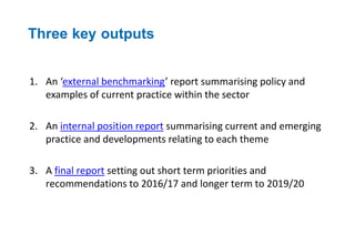 Three key outputs 
1. An ‘external benchmarking’ report summarising policy and 
examples of current practice within the sector 
2. An internal position report summarising current and emerging 
practice and developments relating to each theme 
3. A final report setting out short term priorities and 
recommendations to 2016/17 and longer term to 2019/20 
 
