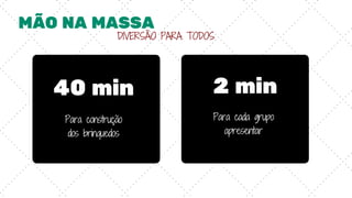 MÃO NA MASSA
DIVERSÃO PARA TODOS
40 min
Para construção
dos brinquedos
2 min
Para cada grupo
apresentar
 
