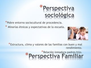 * 
*Pobre entorno sociocultural de procedencia. 
* Minorías étnicas y expectativas de la escuela. 
*Estructura, clima y valores de las familias con buen y mal 
rendimiento. 
*Relación inmadura padres-hijo. * 
 