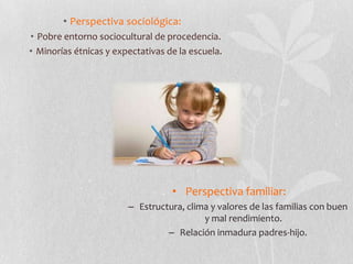 • Perspectiva sociológica:
• Pobre entorno sociocultural de procedencia.
• Minorías étnicas y expectativas de la escuela.
• Perspectiva familiar:
– Estructura, clima y valores de las familias con buen
y mal rendimiento.
– Relación inmadura padres-hijo.
 