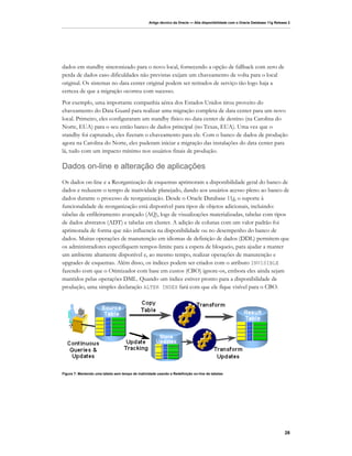 Artigo técnico da Oracle — Alta disponibilidade com o Oracle Database 11g Release 2




dados em standby sincronizado para o novo local, fornecendo a opção de fallback com zero de
perda de dados caso dificuldades não previstas exijam um chaveamento de volta para o local
original. Os sistemas no data center original podem ser retirados de serviço tão logo haja a
certeza de que a migração ocorreu com sucesso.
Por exemplo, uma importante companhia aérea dos Estados Unidos tirou proveito do
chaveamento do Data Guard para realizar uma migração completa de data center para um novo
local. Primeiro, eles configuraram um standby físico no data center de destino (na Carolina do
Norte, EUA) para o seu então banco de dados principal (no Texas, EUA). Uma vez que o
standby foi capturado, eles fizeram o chaveamento para ele. Com o banco de dados de produção
agora na Carolina do Norte, eles puderam iniciar a migração das instalações do data center para
lá, tudo com um impacto mínimo nos usuários finais de produção.

Dados on-line e alteração de aplicações
Os dados on-line e a Reorganização de esquemas aprimoram a disponibilidade geral do banco de
dados e reduzem o tempo de inatividade planejado, dando aos usuários acesso pleno ao banco de
dados durante o processo de reorganização. Desde o Oracle Database 11g, o suporte à
funcionalidade de reorganização está disponível para tipos de objetos adicionais, incluindo:
tabelas de enfileiramento avançado (AQ), logs de visualizações materializadas, tabelas com tipos
de dados abstratos (ADT) e tabelas em cluster. A adição de colunas com um valor padrão foi
aprimorada de forma que não influencia na disponibilidade ou no desempenho do banco de
dados. Muitas operações de manutenção em idiomas de definição de dados (DDL) permitem que
os administradores especifiquem tempos-limite para a espera de bloqueio, para ajudar a manter
um ambiente altamente disponível e, ao mesmo tempo, realizar operações de manutenção e
upgrades de esquemas. Além disso, os índices podem ser criados com o atributo INVISIBLE
fazendo com que o Otimizador com base em custos (CBO) ignore-os, embora eles ainda sejam
mantidos pelas operações DML. Quando um índice estiver pronto para a disponibilidade de
produção, uma simples declaração ALTER INDEX fará com que ele fique visível para o CBO.




Figura 7: Mantendo uma tabela sem tempo de inatividade usando a Redefinição on-line de tabelas




                                                                                                                                 28
 