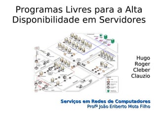 Programas Livres para a Alta
Disponibilidade em Servidores



                                           Hugo
                                          Roger
                                          Cleber
                                         Clauzio



          Serviços em Redes de Computadores
                    Profº João Eriberto Mota Filho
 