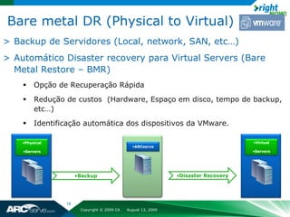 Bare metal DR (Physical to Virtual)
> Backup de Servidores (Local, network, SAN, etc…)
> Automático Disaster recovery para Virtual Servers (Bare
  Metal Restore – BMR)
        Opção de Recuperação Rápida
        Redução de custos (Hardware, Espaço em disco, tempo de backup,
         etc…)
        Identificação automática dos dispositivos da VMware.

    •Physical                                                                       •Virtual
                                               •ARCserve
    •Servers                                                                        •Servers




                      •Backup                                  •Disaster Recovery




                 18
                       Copyright © 2009 CA   August 13, 2009
 