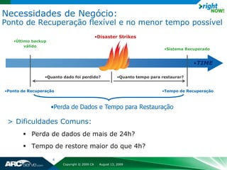 Necessidades de Negócio:
Ponto de Recuperação flexível e no menor tempo possível
                                               •Disaster Strikes
   •Último backup
        válido
                                                                               •Sistema Recuperado


                                                                                           •TIME

                 •Quanto dado foi perdido?                 •Quanto tempo para restaurar?


•Ponto de Recuperação                                                         •Tempo de Recuperação



                    •Perda de Dados e Tempo para Restauração

 > Dificuldades Comuns:
        Perda de dados de mais de 24h?
        Tempo de restore maior do que 4h?
                    6
                         Copyright © 2009 CA    August 13, 2009
 