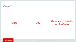 Copyright © 2016 Oracle and/or its affiliates. All rights reserved. |
DBA Dev
Gerencial, Usuário
ou Professor
Quem?
 
