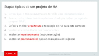 Copyright © 2016 Oracle and/or its affiliates. All rights reserved. |
Etapas típicas de um projeto de HA
1. Definir qual o tempo máximo aceitável de uma indisponibilidade
2. Revisar todos intens da infra-estrutura atual que terão contingência
(mapear SPoF)
3. Definir a melhor arquitetura e topologia de HA para este contexto
4. Implantar a redundância dos componentes
5. Implantar monitoramento (instrumentação)
6. Implantar procedimentos operacionais para contingência
22
 