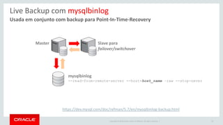Copyright © 2016 Oracle and/or its affiliates. All rights reserved. |
Usada em conjunto com backup para Point-In-Time-Recovery
Live Backup com mysqlbinlog
55
Master Slave para
failover/switchover
mysqlbinlog
--read-from-remote-server --host=host_name –raw --stop-never
https://dev.mysql.com/doc/refman/5.7/en/mysqlbinlog-backup.html
 