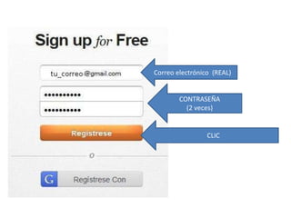 Correo electrónico (REAL)


        CONTRASEÑA
          (2 veces)


                 CLIC
 