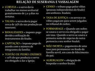 RELAÇÃO DE SUSERANIA E VASSALAGEM
 CORVEIA = o servo devia
trabalhar no manso senhorial
gratuitamente de 3 a 5 dias na
semana;
 TALHA= o servo devia pagar
cerca de 75% da sua produção ao
suserano;
 BANALIDADES = imposto pago
devido a utilização de
instrumentos do feudo;
 CAPITAÇÃO = imposto pago de
acordo com o número de
integrantes da família;
 TOSTÃO DE PEDRO (DIZIMO)
= 10% do que produzia o servo
era obrigado a dar a Igreja;
 CENSO = tributo pago pelos vilões
(pessoas independentes do feudo)
aos senhores. feudais;
 TAXA DE JUSTIÇA = os servos e os
vilões pagavam para serem julgados
no tribunal do nobre;
 FORMARIAGE = Quando um nobre
se casava o servo era obrigado a pagar
um taxa. Quando o servo se casava a
primeira noite de núpcias da noiva
pertencia a seu senhor feudal;
 MÃO MORTA = pagamento de uma
taxa para permanecer no feudo da
família servil, em caso de falecimento
do pai;
 ALBERGAGEM = obrigação de
hospedar o senhor feudal.
 