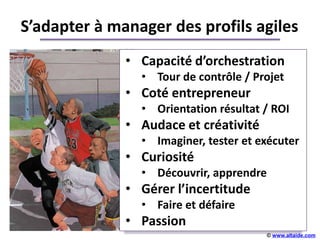 S’adapter à manager des profils agiles
              • Capacité d’orchestration
                • Tour de contrôle / Projet
              • Coté entrepreneur
                • Orientation résultat / ROI
              • Audace et créativité
                • Imaginer,+++++ et exécuter
                            tester
              • Curiosité
                • Découvrir, apprendre
              • Gérer l’incertitude
                • Faire et défaire
              • Passion
                                         © www.altaide.com
 