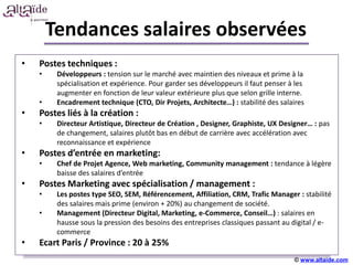 Tendances salaires observées
•   Postes techniques :
    •    Développeurs : tension sur le marché avec maintien des niveaux et prime à la
         spécialisation et expérience. Pour garder ses développeurs il faut penser à les
         augmenter en fonction de leur valeur extérieure plus que selon grille interne.
    •    Encadrement technique (CTO, Dir Projets, Architecte…) : stabilité des salaires
•   Postes liés à la création :
    •    Directeur Artistique, Directeur de Création , Designer, Graphiste, UX Designer… : pas
         de changement, salaires plutôt bas en début de carrière avec accélération avec
         reconnaissance et expérience
•   Postes d’entrée en marketing: +++++
    •    Chef de Projet Agence, Web marketing, Community management : tendance à légère
         baisse des salaires d’entrée
•   Postes Marketing avec spécialisation / management :
    •    Les postes type SEO, SEM, Référencement, Affiliation, CRM, Trafic Manager : stabilité
         des salaires mais prime (environ + 20%) au changement de société.
    •    Management (Directeur Digital, Marketing, e-Commerce, Conseil…) : salaires en
         hausse sous la pression des besoins des entreprises classiques passant au digital / e-
         commerce
•   Ecart Paris / Province : 20 à 25%
                                                                                    © www.altaide.com
 