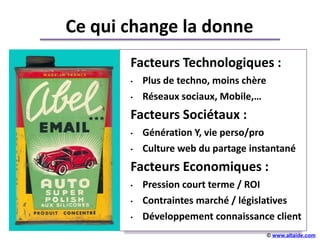 Ce qui change la donne
       Facteurs Technologiques :
       •   Plus de techno, moins chère
       •   Réseaux sociaux, Mobile,…
       Facteurs Sociétaux :
       •   Génération Y, vie perso/pro
                         +++++
       •   Culture web du partage instantané
       Facteurs Economiques :
       •   Pression court terme / ROI
       •   Contraintes marché / législatives
       •   Développement connaissance client
                                         © www.altaide.com
 