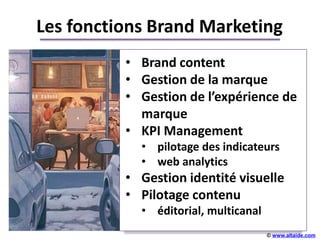 Les fonctions Brand Marketing
          • Brand content
          • Gestion de la marque
          • Gestion de l’expérience de
            marque
          • KPI Management
                       +++++
            • pilotage des indicateurs
            • web analytics
          • Gestion identité visuelle
          • Pilotage contenu
            • éditorial, multicanal
                                      © www.altaide.com
 