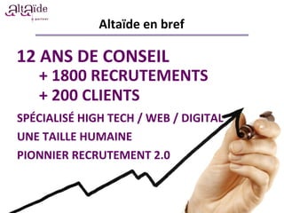 Altaïde	
  en	
  bref	
  
12	
  ANS	
  DE	
  CONSEIL	
  	
  
+	
  1800	
  RECRUTEMENTS	
  
+	
  200	
  CLIENTS	
  
SPÉCIALISÉ	
  HIGH	
  TECH	
  /	
  WEB	
  /	
  DIGITAL	
  
UNE	
  TAILLE	
  HUMAINE	
  
PIONNIER	
  RECRUTEMENT	
  2.0	
  
 