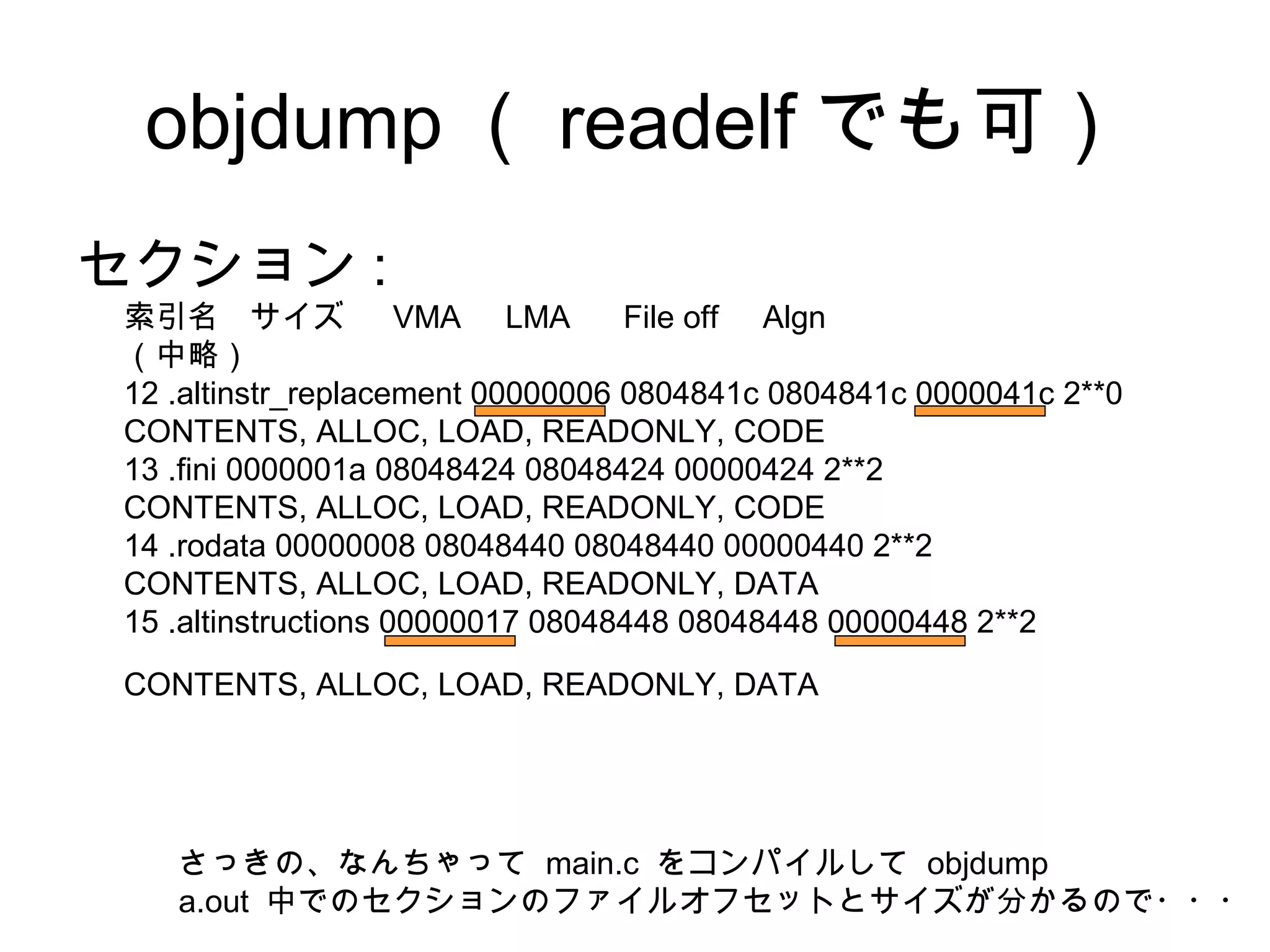 objdump （ readelf でも可）
セクション :
索引名 サイズ VMA LMA File off Algn
（中略）
12 .altinstr_replacement 00000006 0804841c 0804841c 0000041c 2**0
CONTENTS, ALLOC, LOAD, READONLY, CODE
13 .fini 0000001a 08048424 08048424 00000424 2**2
CONTENTS, ALLOC, LOAD, READONLY, CODE
14 .rodata 00000008 08048440 08048440 00000440 2**2
CONTENTS, ALLOC, LOAD, READONLY, DATA
15 .altinstructions 00000017 08048448 08048448 00000448 2**2
CONTENTS, ALLOC, LOAD, READONLY, DATA
さっきの、なんちゃって main.c をコンパイルして objdump
a.out 中でのセクションのファイルオフセットとサイズが分かるので・・・
 