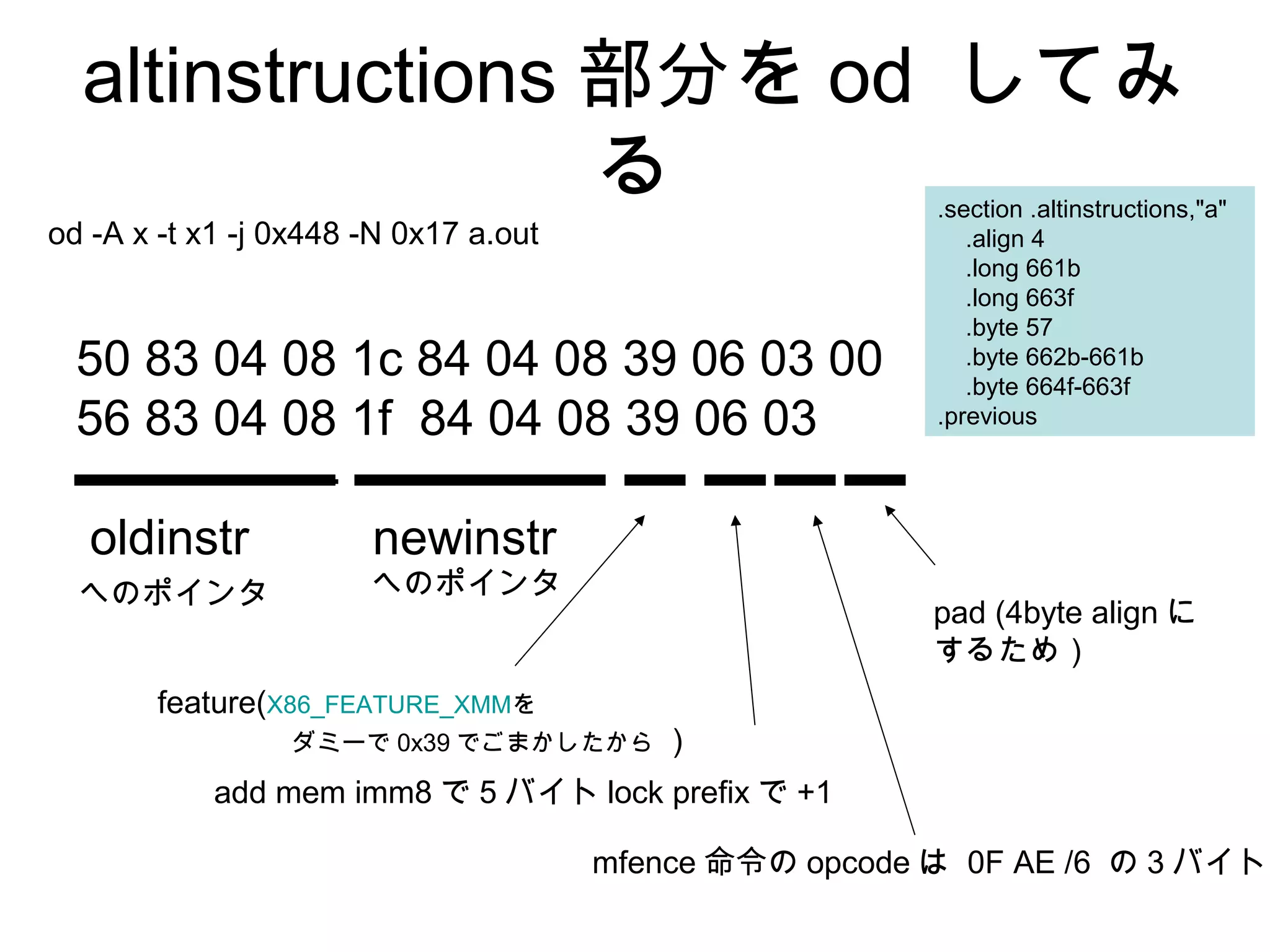 altinstructions 部分を od してみ
る
50 83 04 08 1c 84 04 08 39 06 03 00
56 83 04 08 1f 84 04 08 39 06 03
---------------- ---------------
oldinstr newinstr
pad (4byte align に
するため）
mfence 命令の opcode は 0F AE /6 の 3 バイト
add mem imm8 で 5 バイト lock prefix で +1
feature(X86_FEATURE_XMMを
ダミーで 0x39 でごまかしたから )
od -A x -t x1 -j 0x448 -N 0x17 a.out
.section .altinstructions,"a"
.align 4
.long 661b
.long 663f
.byte 57
.byte 662b-661b
.byte 664f-663f
.previous
へのポインタ へのポインタ
 