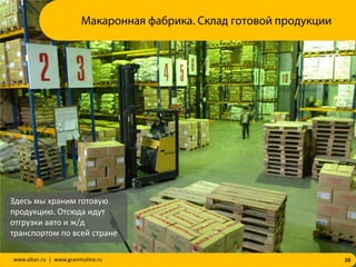 10www.altan.ru | www.granmulino.ru
Здесь мы храним готовую
продукцию. Отсюда идут
отгрузки авто и ж/д
транспортом по всей стране
Макаронная фабрика. Склад готовой продукции
 