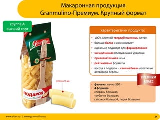 24www.altan.ru | www.granmulino.ru
группа А
высший сорт
• 100% элитной твердой пшеницы Алтая
• больше белка и аминокислот
• идеально подходят для фарширования
• эксклюзивная премиальная упаковка
• привлекательная цена
• рейтинговые форматы
• всегда в подарок – «волшебная» лопатка из
алтайской березы!
• фасовка: пачка 350 г
• 4 формата:
спираль большая,
трубочка большая,
сапожок большой, перья большие
характеристики продукта:
Макаронная продукция
Granmulino-Премиум. Крупный формат
трубочка 16 мм
 