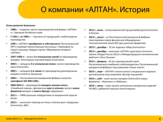 4www.altan.ru | www.granmulino.ru
Этапы развития Компании:
 1988 г. - создание научно-производственной фирмы «АЛТАН»
в г. Барнауле Алтайского края.
 С 1991 г. по 1994 г. – торговля с/х продукцией, хлебопекарное
производство.
 1995 г. «АЛТАН» приобретает в собственность Поспелихинский
КХП и проводит реконструкцию мельницы с переходом на
помол пшеницы твердых сортов. Образование холдинга
«АЛТАН».
 1997–1999 гг – запуск 3-х итальянских линий по производству
макарон. Регистрация торговой марки Granmulino.
 2002 г. – запущена 4-я итальянская линия, начато производство
муки Granmulino.
 2005 г. – запущена 5-я линия по производству длиннорезаных
макарон (спагетти, букатини).
 2006 г. – Поспелихинская макаронная фабрика получила
сертификат ISO 9001:2001.
 2006-2010 гг – производство макарон эконом-класса
«Семейный гарнир», фасованных круп и хлопьев, выпуск новых
форматов макарон и нового бренда «Здоровые».
 2011 г. – ПМФ признана победителем по макаронной отрасли
Алтая.
 2012 г. – выполнен переход на пачку «плоское дно» продукции
Granmulino, 400 г.
О компании «АЛТАН». История
 2013 г., июнь - гастрономический тур дистрибуторов Granmulino
в Италию
 2013 г., август - на Поспелихинской макаронной фабрике
смонтировано новое фасовочное оборудование
технологической линии №5 (для длинных форматов)
 2013 г., декабрь – 10 лет журналу «Мир Granmulino»
 2013 г., декабрь – компания «АЛТАН» удостоена почетного
звания «Лидер России-2013» в Международном экономическом
рейтинге «Лига Лучших»
 2014 г., февраль - 10 лет корпоративной газете
Поспелихинского комбината хлебопродуктов и Поспелихинской
макаронной фабрики под названием «Наша газета»
 2014 г., март – «АЛТАН» начала выпуск специального журнала
для магазинов под названием «Всегда под рукой»
 2014 г., май – начат выпуск макарон Granmulino новых
форматов – «бантики» и «бабочки».
 2014 г., июнь – начат выпуск уникальных макаронных изделий
VELNES с добавкой порошка пантов марала.
 