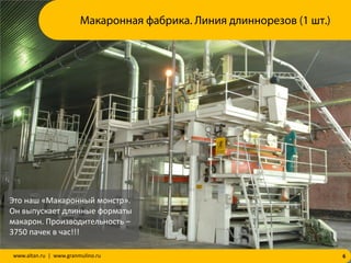 Макаронная фабрика. Линия длиннорезов (1 шт.)
6www.altan.ru | www.granmulino.ru
Это наш «Макаронный монстр».
Он выпускает длинные форматы
макарон. Производительность –
3750 пачек в час!!!
 