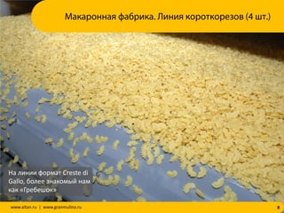 8www.altan.ru | www.granmulino.ru
На линии формат Creste di
Gallo, более знакомый нам
как «Гребешок»
Макаронная фабрика. Линия короткорезов (4 шт.)
 