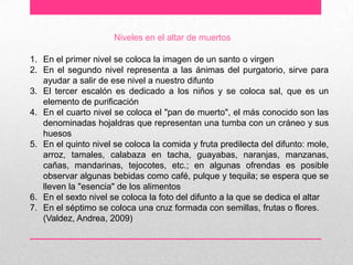 Niveles en el altar de muertos

1. En el primer nivel se coloca la imagen de un santo o virgen
2. En el segundo nivel representa a las ánimas del purgatorio, sirve para
   ayudar a salir de ese nivel a nuestro difunto
3. El tercer escalón es dedicado a los niños y se coloca sal, que es un
   elemento de purificación
4. En el cuarto nivel se coloca el "pan de muerto", el más conocido son las
   denominadas hojaldras que representan una tumba con un cráneo y sus
   huesos
5. En el quinto nivel se coloca la comida y fruta predilecta del difunto: mole,
   arroz, tamales, calabaza en tacha, guayabas, naranjas, manzanas,
   cañas, mandarinas, tejocotes, etc.; en algunas ofrendas es posible
   observar algunas bebidas como café, pulque y tequila; se espera que se
   lleven la "esencia" de los alimentos
6. En el sexto nivel se coloca la foto del difunto a la que se dedica el altar
7. En el séptimo se coloca una cruz formada con semillas, frutas o flores.
   (Valdez, Andrea, 2009)
 