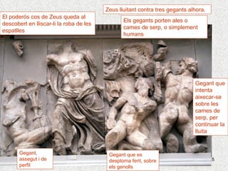 Zeus lluitant contra tres gegants alhora.  El poderós cos de Zeus queda al descobert en lliscar-li la roba de les espatlles Els gegants porten ales o cames de serp, o simplement humans Gegant que es desploma ferit, sobre els genolls Gegant que intenta aixecar-se sobre les cames de serp, per continuar la lluita Gegant, assegut i de perfil 