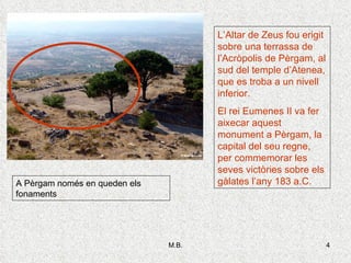 L’Altar de Zeus fou erigit sobre una terrassa de l’Acròpolis de Pèrgam, al sud del temple d’Atenea, que es troba a un nivell inferior. El rei Eumenes II va fer aixecar aquest monument a Pèrgam, la capital del seu regne, per commemorar les seves victòries sobre els gàlates l’any 183 a.C. A Pèrgam només en queden els fonaments 