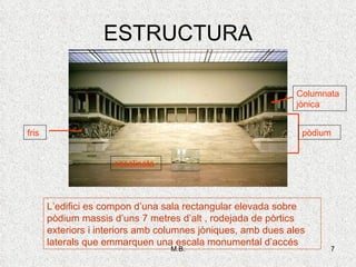 ESTRUCTURA L’edifici es compon d’una sala rectangular elevada sobre pòdium massis d’uns 7 metres d’alt , rodejada de pòrtics exteriors i interiors amb columnes jòniques, amb dues ales laterals que  emmarquen una escala monumental d’accés Columnata jònica pòdium fris escalinata 